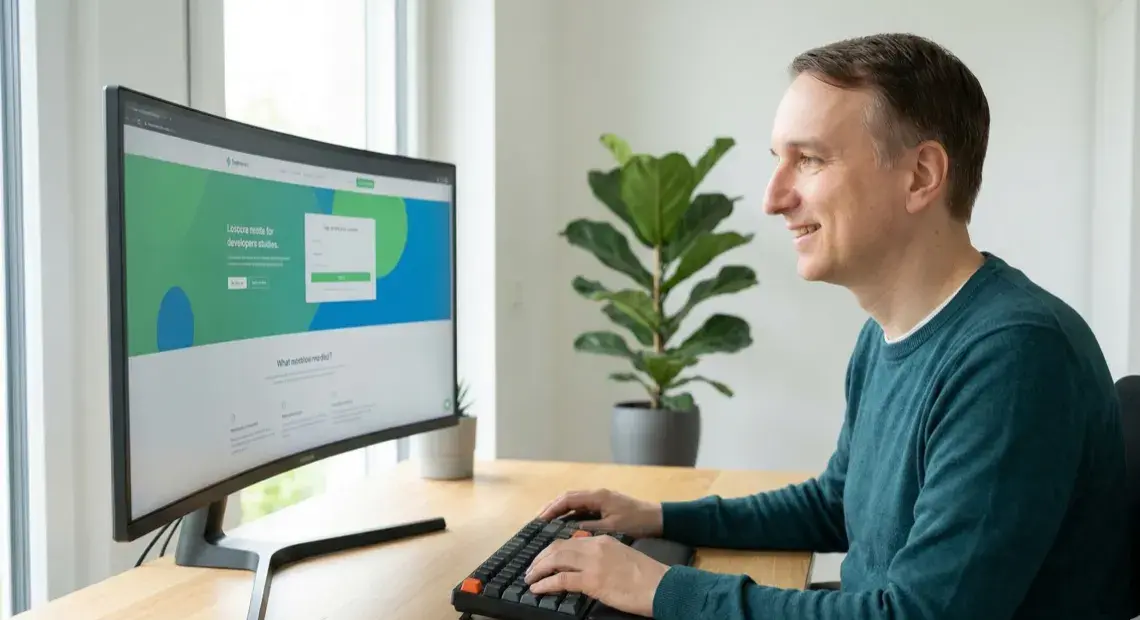 Michael Höger bei der Webentwicklung am Schreibtisch in seinem Büro